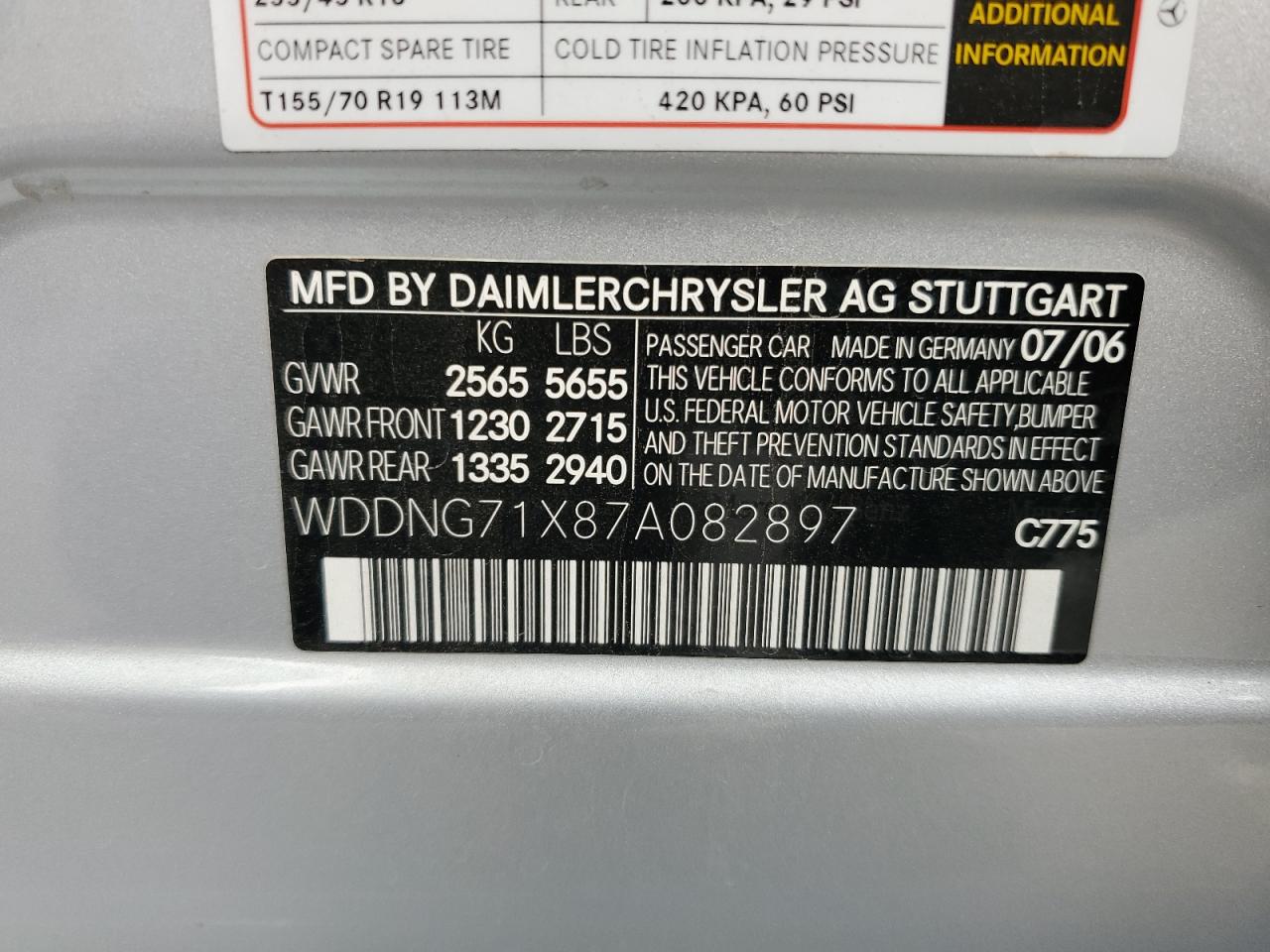 2007 Mercedes-Benz S 550 VIN: WDDNG71X87A082897 Lot: 53821795