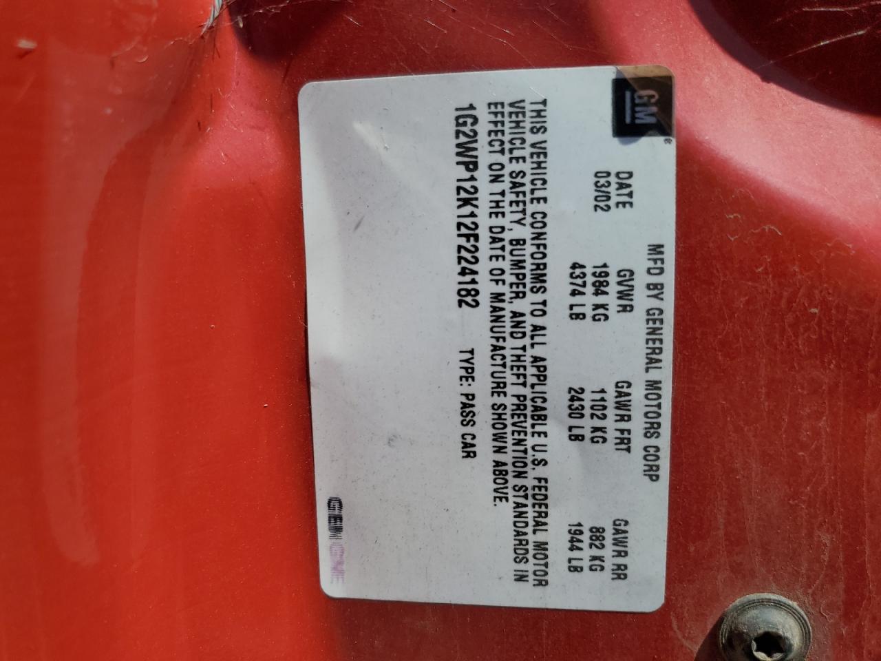 2002 Pontiac Grand Prix Gt VIN: 1G2WP12K12F224182 Lot: 57163345
