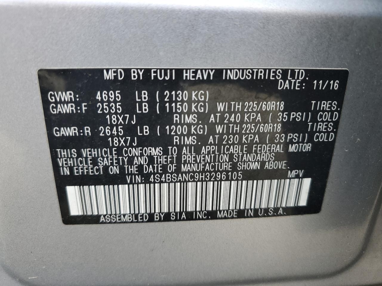 2017 Subaru Outback 2.5I Limited VIN: 4S4BSANC9H3296105 Lot: 57249535