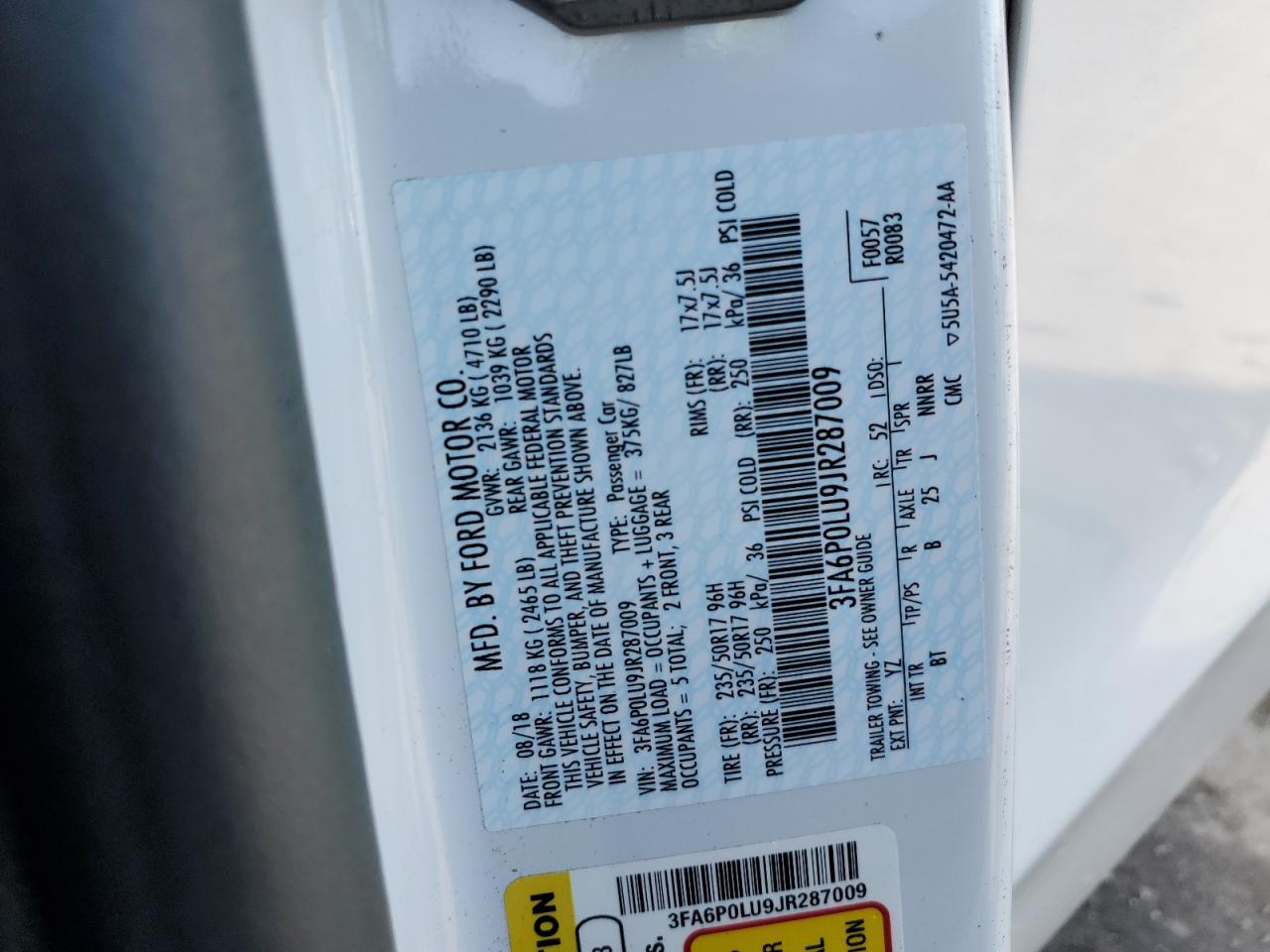 2018 Ford Fusion Se Hybrid VIN: 3FA6P0LU9JR287009 Lot: 58976895