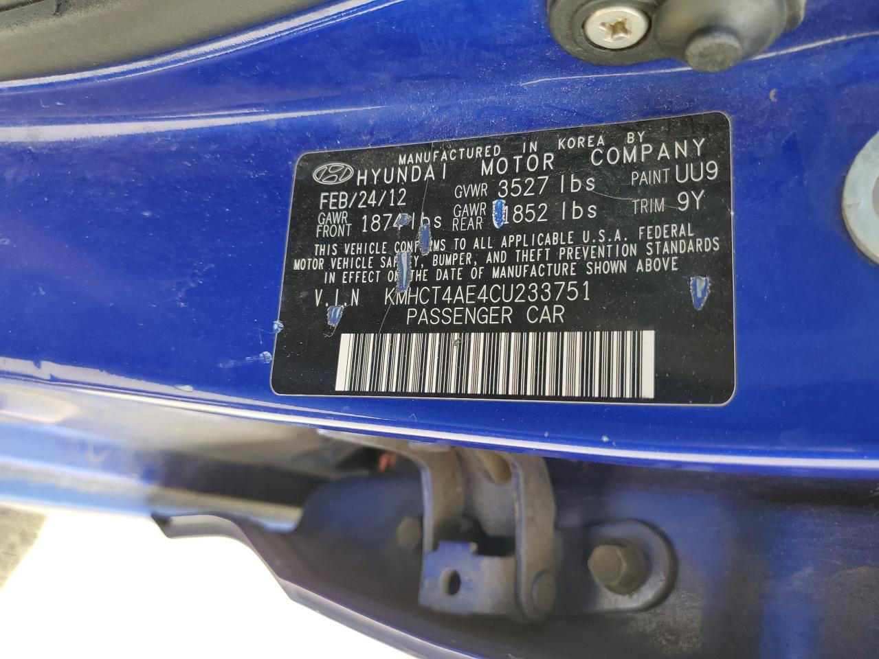 2012 Hyundai Accent Gls VIN: KMHCT4AE4CU233751 Lot: 57184825