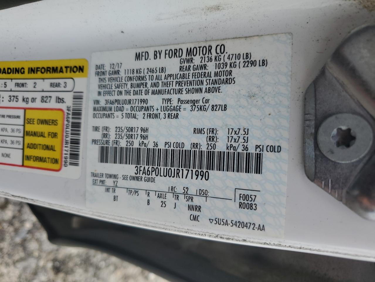 2018 Ford Fusion Se Hybrid VIN: 3FA6P0LU0JR171990 Lot: 54031645