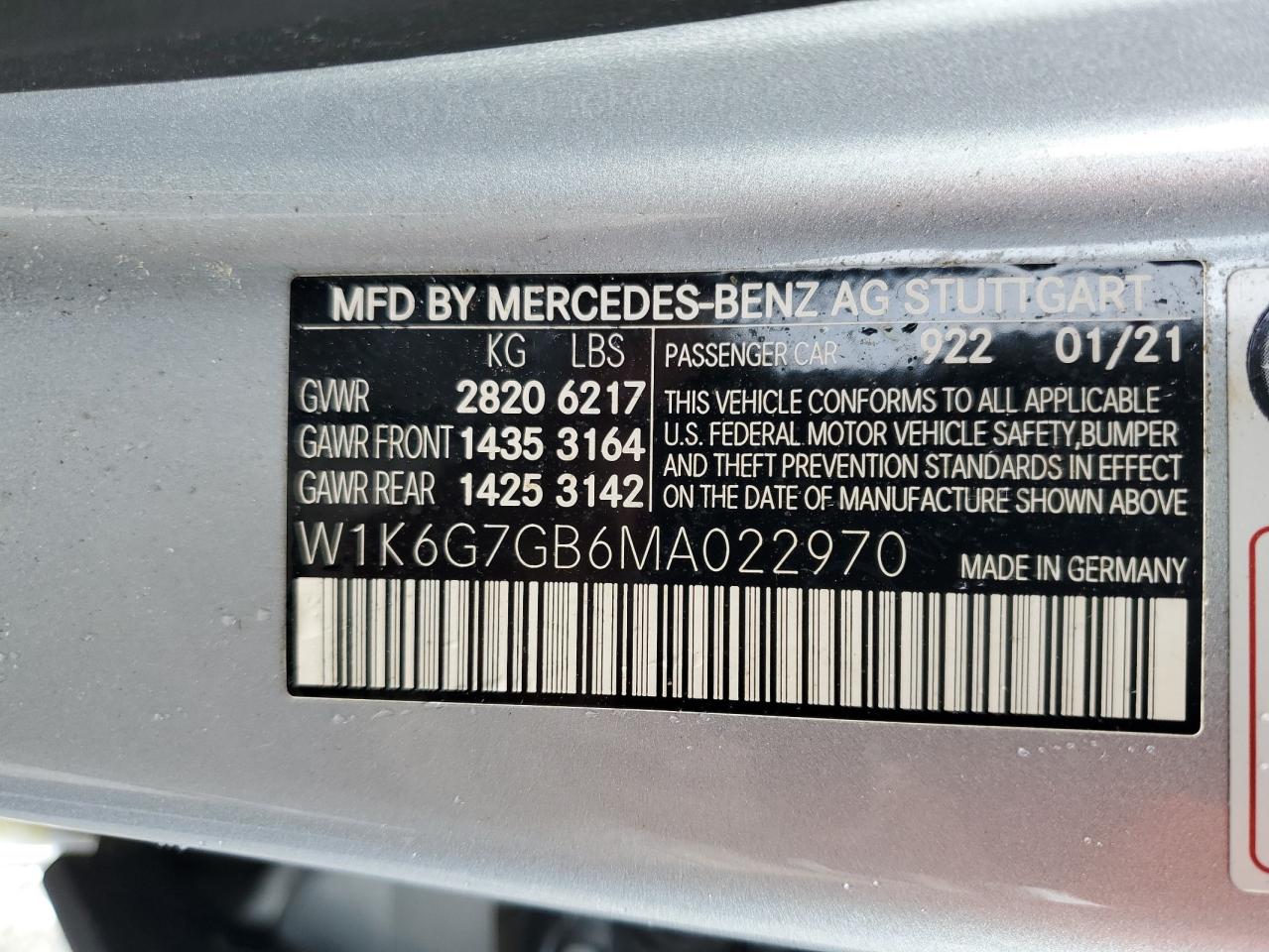 2021 Mercedes-Benz S 580 4Matic VIN: W1K6G7GB6MA022970 Lot: 55401415