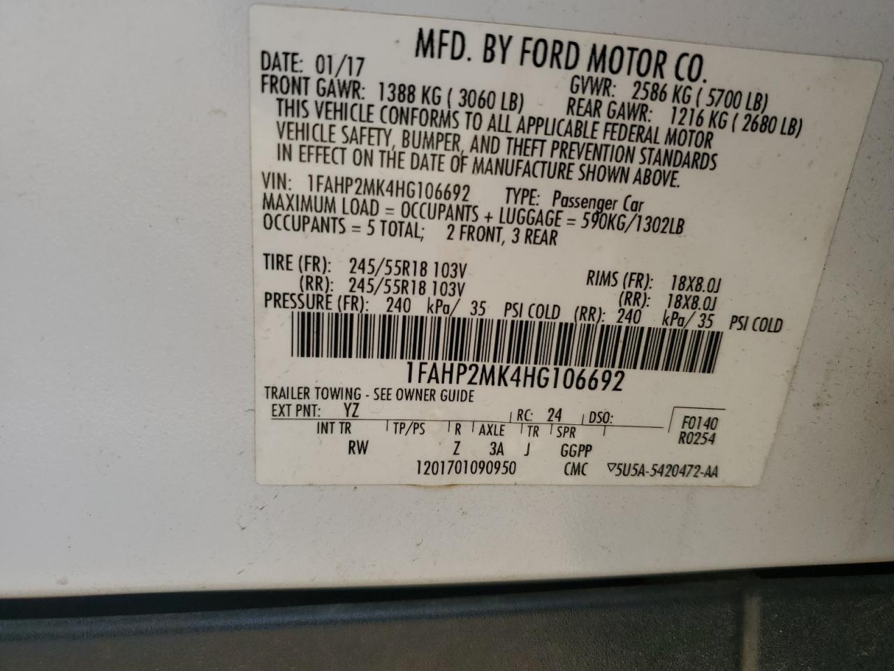 2017 Ford Taurus Police Interceptor VIN: 1FAHP2MK4HG106692 Lot: 57446845