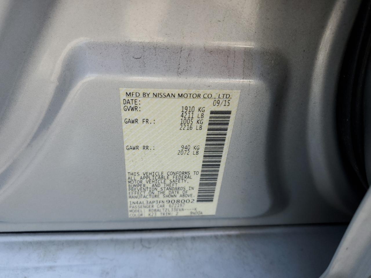 2015 Nissan Altima 2.5 VIN: 1N4AL3AP3FN908002 Lot: 55932085