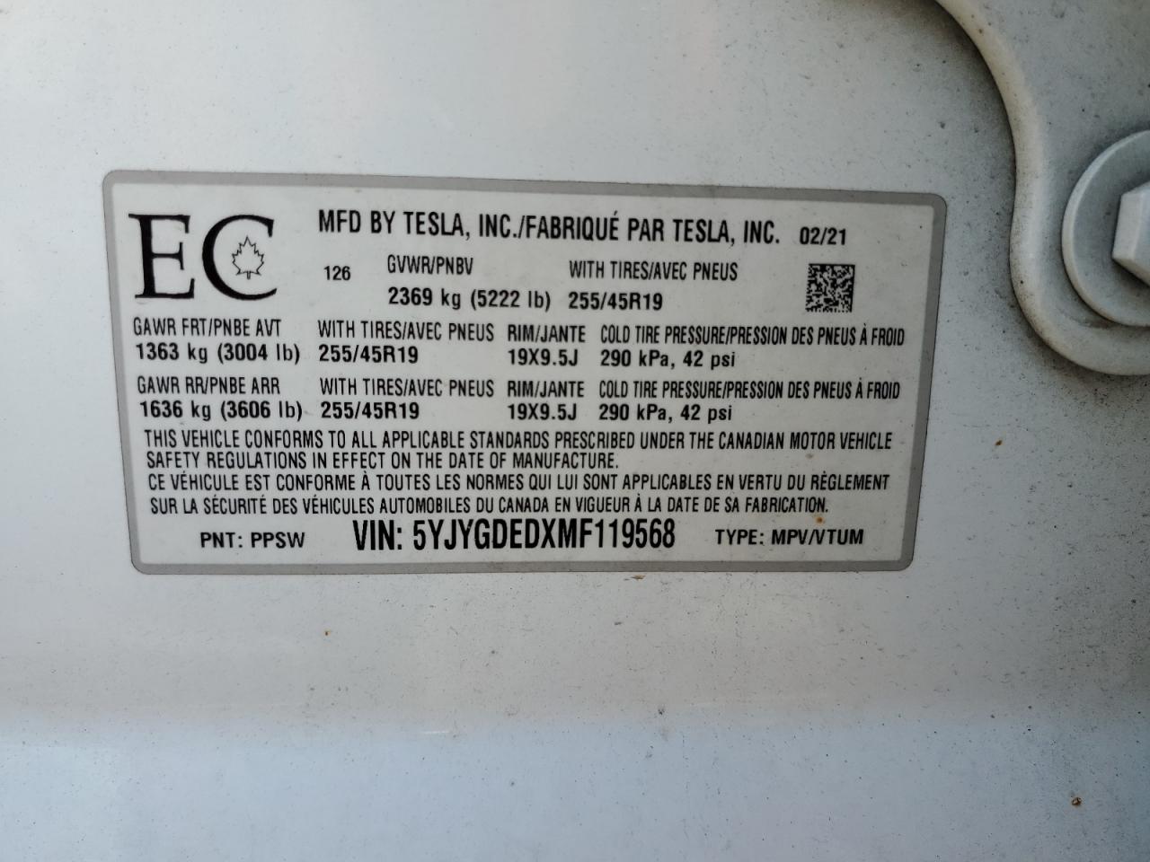 2021 Tesla Model Y VIN: 5YJYGDEDXMF119568 Lot: 58335945