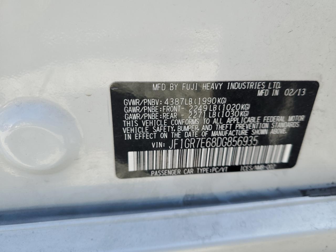 2013 Subaru Impreza Wrx VIN: JF1GR7E68DG856935 Lot: 56436625