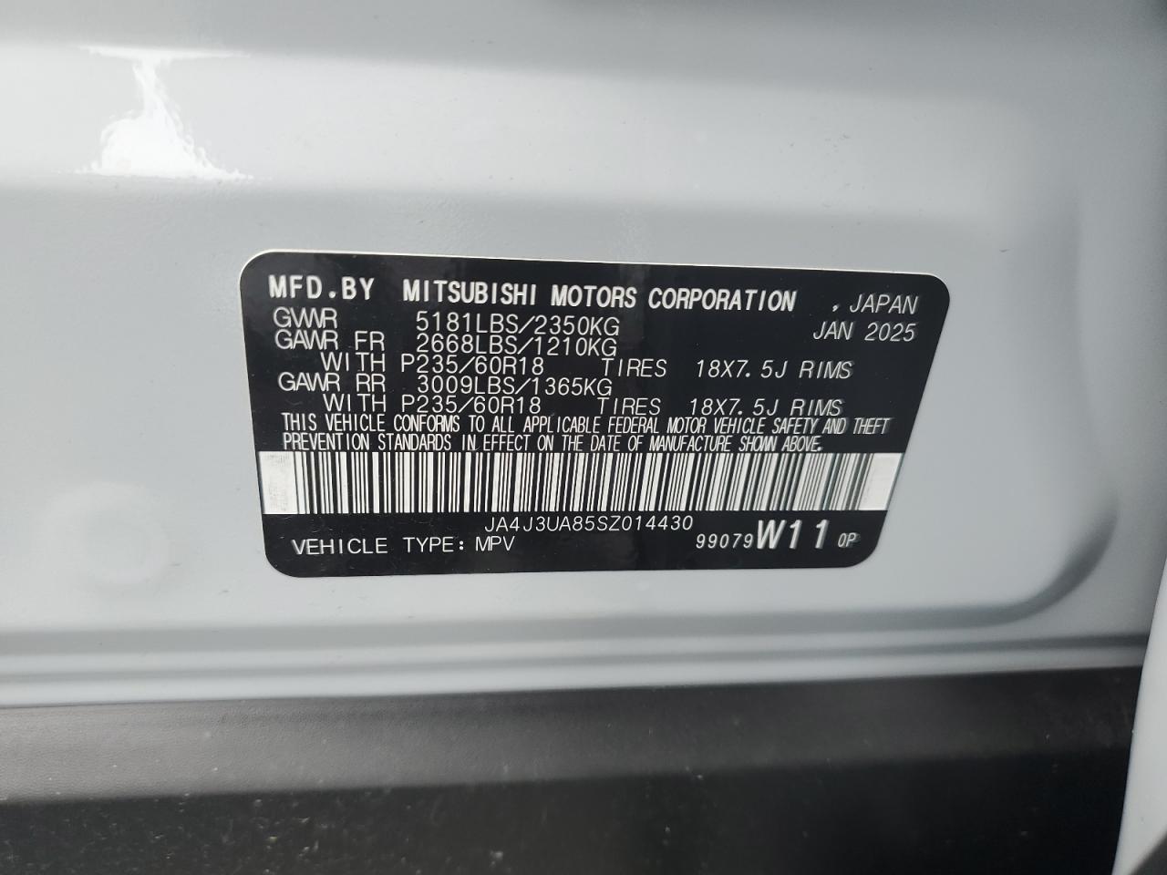 2025 Mitsubishi Outlander Es VIN: JA4J3UA85SZ014430 Lot: 58492975