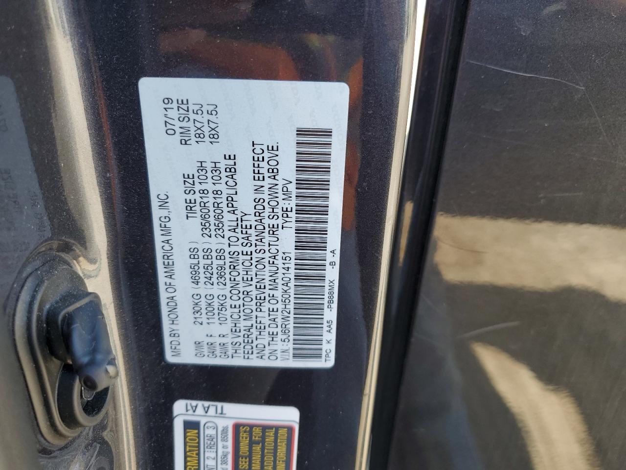 2019 Honda Cr-V Ex VIN: 5J6RW2H50KA014151 Lot: 56166645