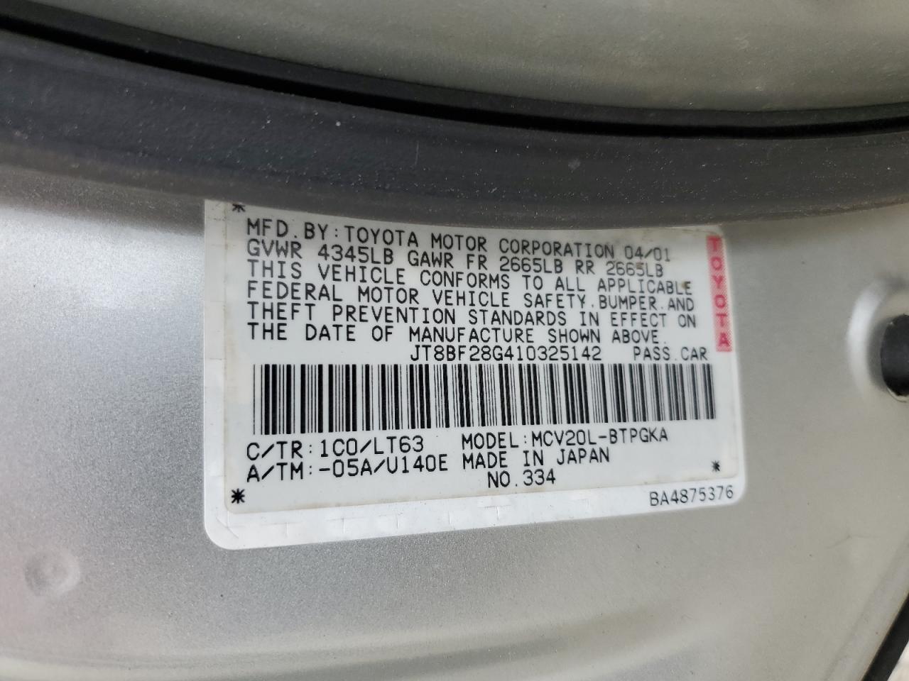 2001 Lexus Es 300 VIN: JT8BF28G410325142 Lot: 57060855