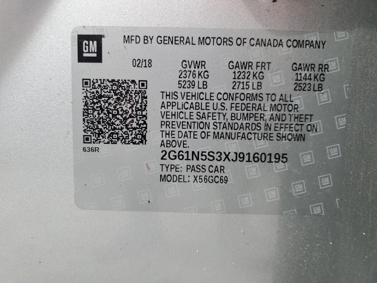 2018 Cadillac Xts Luxury VIN: 2G61N5S3XJ9160195 Lot: 58201925