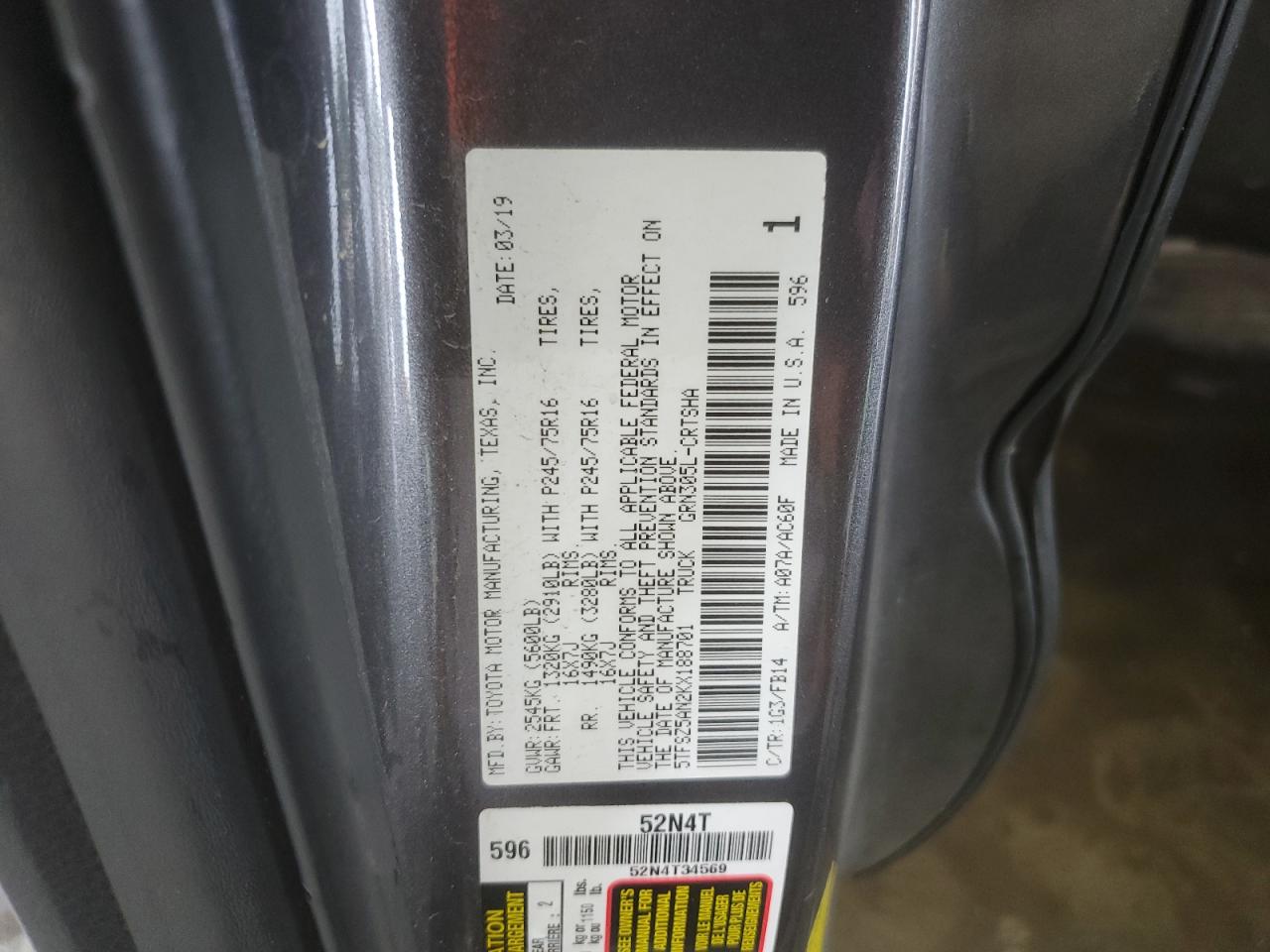 2019 Toyota Tacoma Access Cab VIN: 5TFSZ5AN2KX188701 Lot: 56818125
