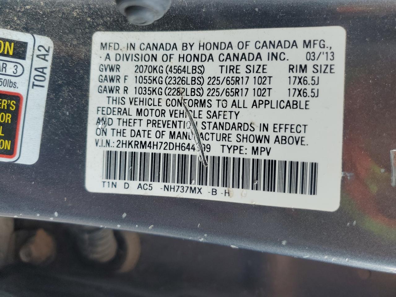 2013 Honda Cr-V Exl VIN: 2HKRM4H72DH644399 Lot: 57023265