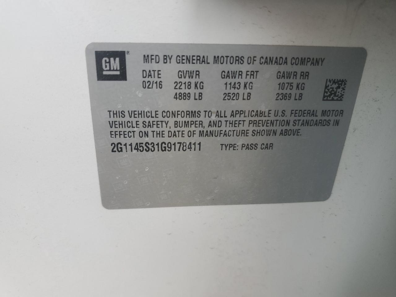2016 Chevrolet Impala Ltz VIN: 2G1145S31G9178411 Lot: 58319095