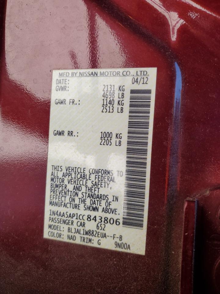 2012 Nissan Maxima S VIN: 1N4AA5AP1CC843806 Lot: 56683855
