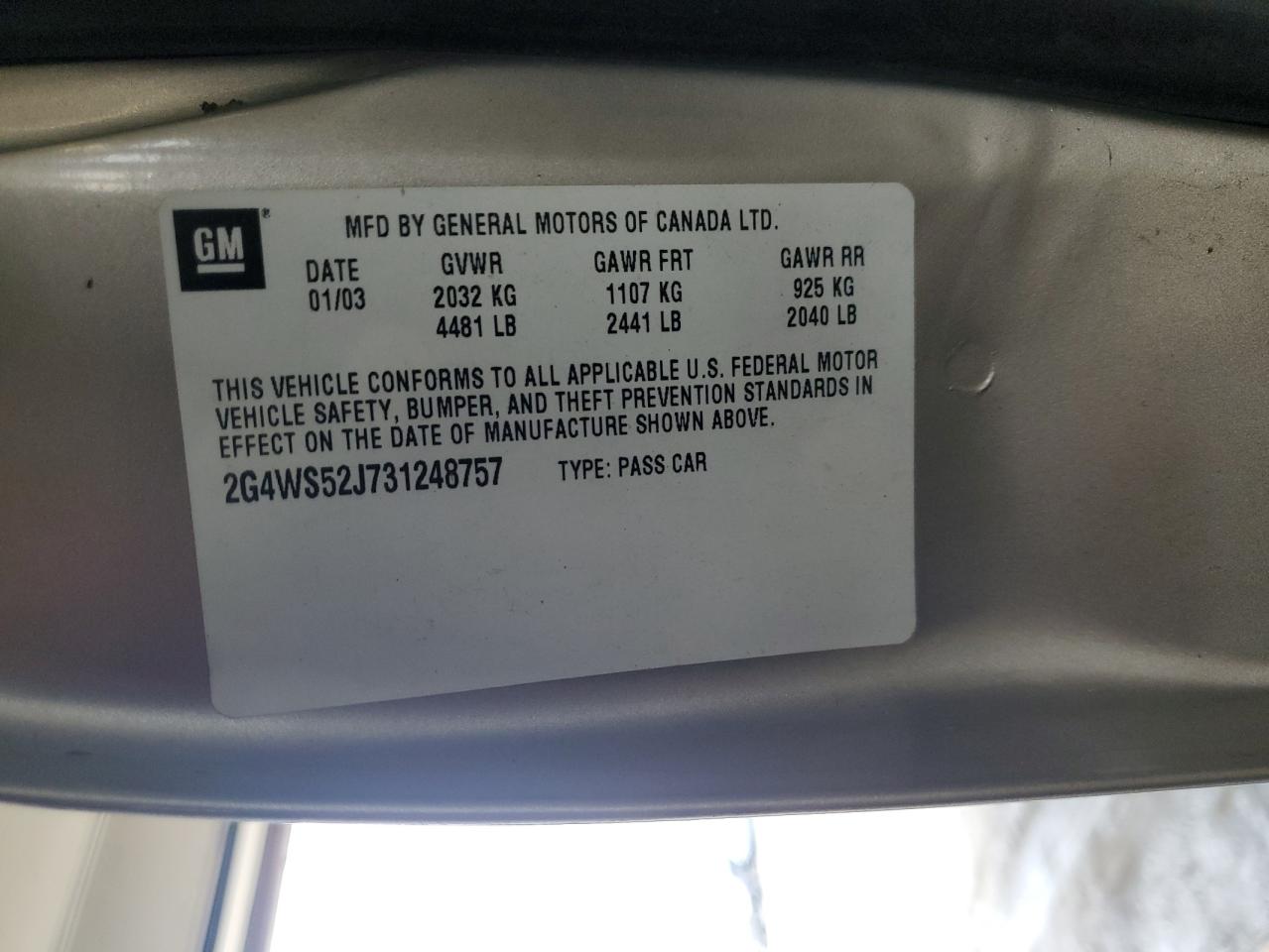 2003 Buick Century Custom VIN: 2G4WS52J731248757 Lot: 55505985