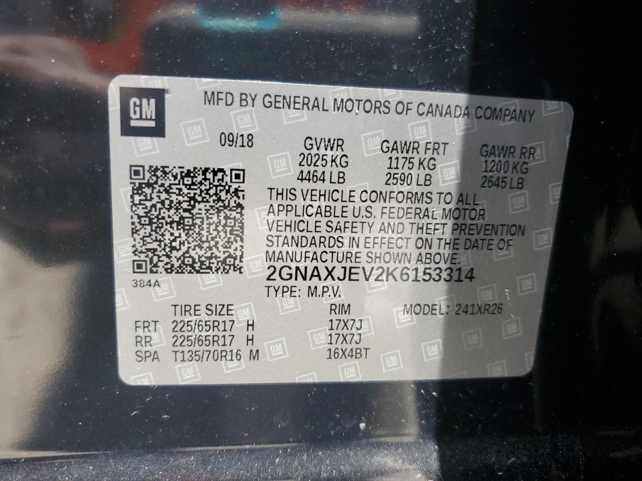 2019 Chevrolet Equinox Lt VIN: 2GNAXJEV2K6153314 Lot: 57167205