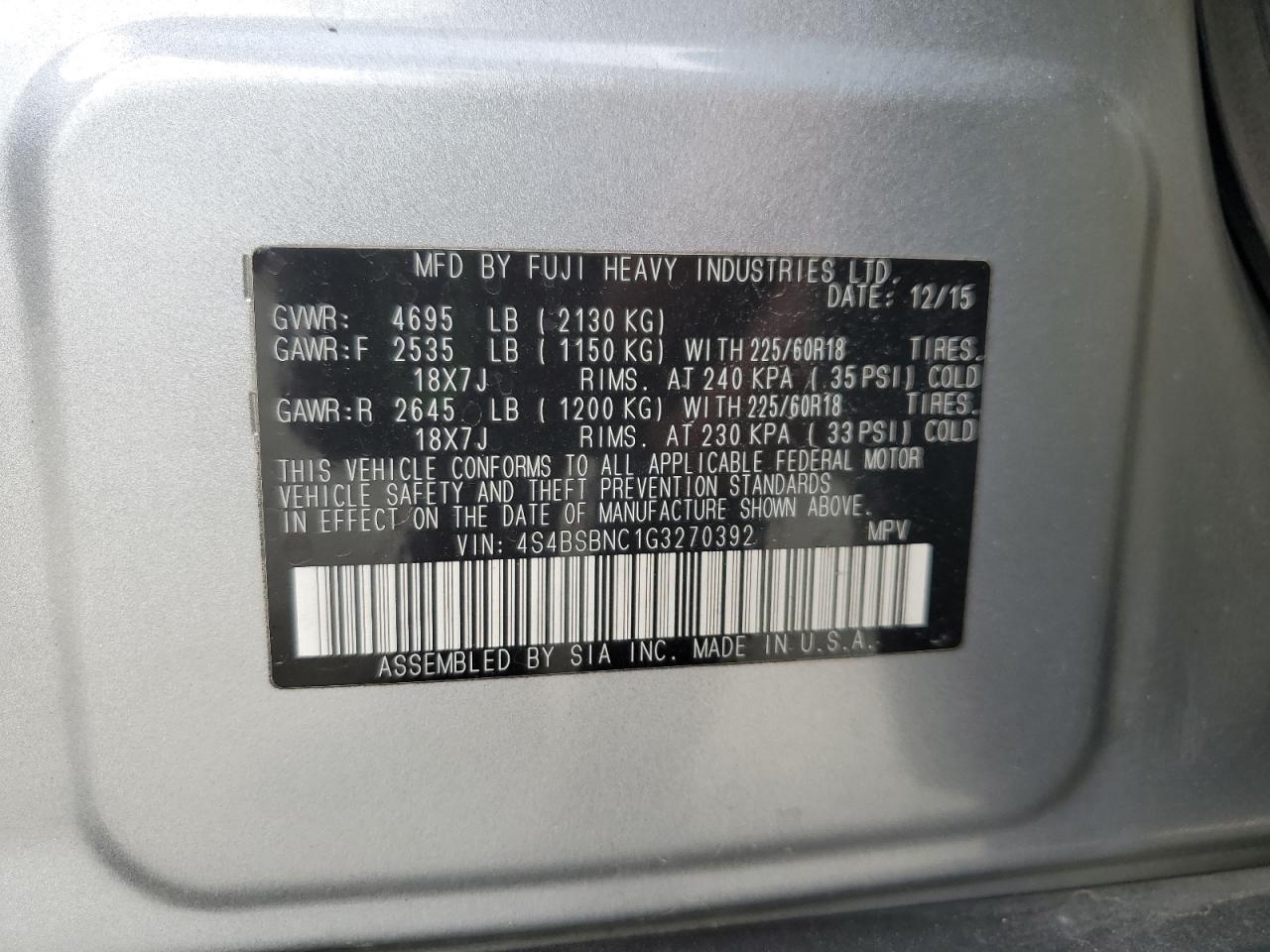 2016 Subaru Outback 2.5I Limited VIN: 4S4BSBNC1G3270392 Lot: 56848365
