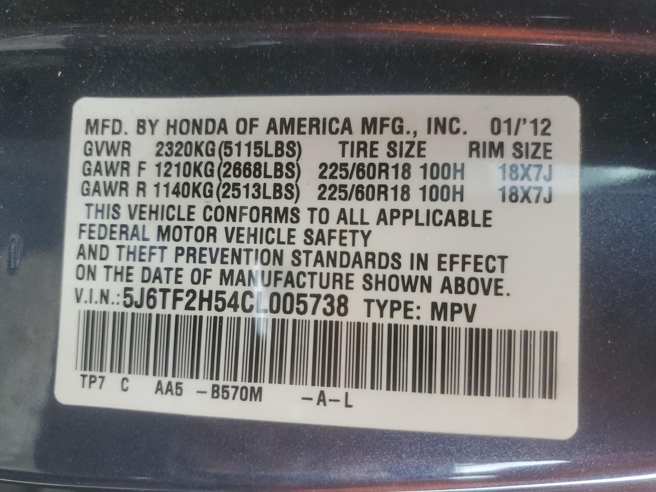 2012 Honda Crosstour Exl VIN: 5J6TF2H54CL005738 Lot: 56639925