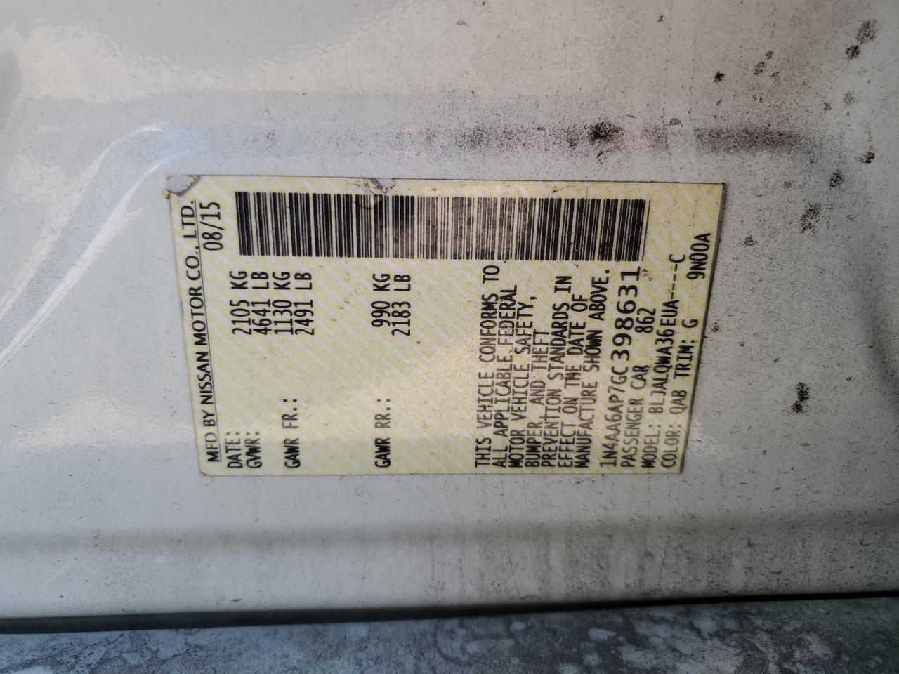 2016 Nissan Maxima 3.5S VIN: 1N4AA6AP7GC398631 Lot: 56670985