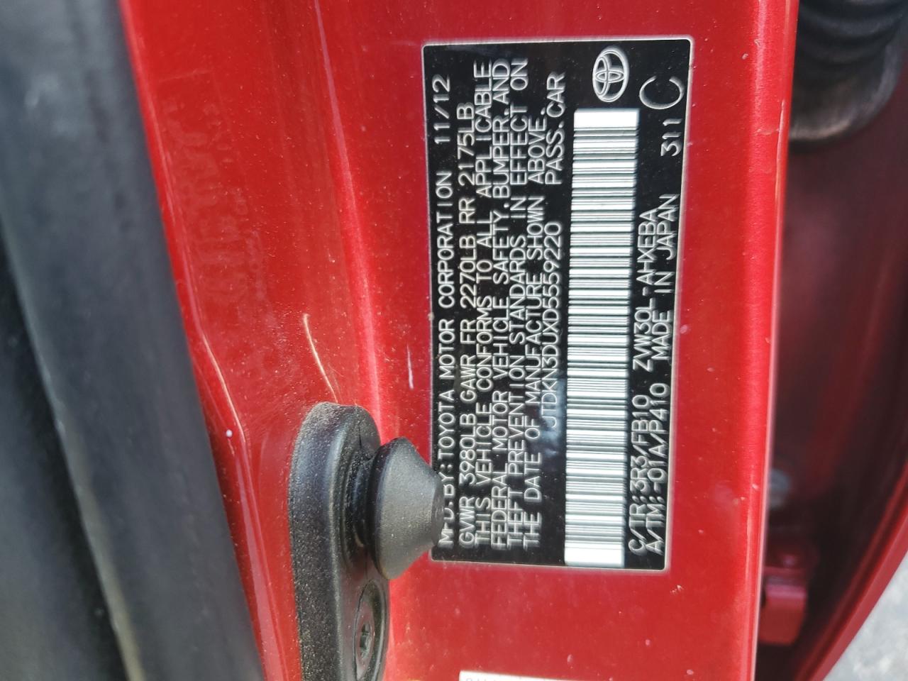 2013 Toyota Prius VIN: JTDKN3DUXD5559220 Lot: 55877595
