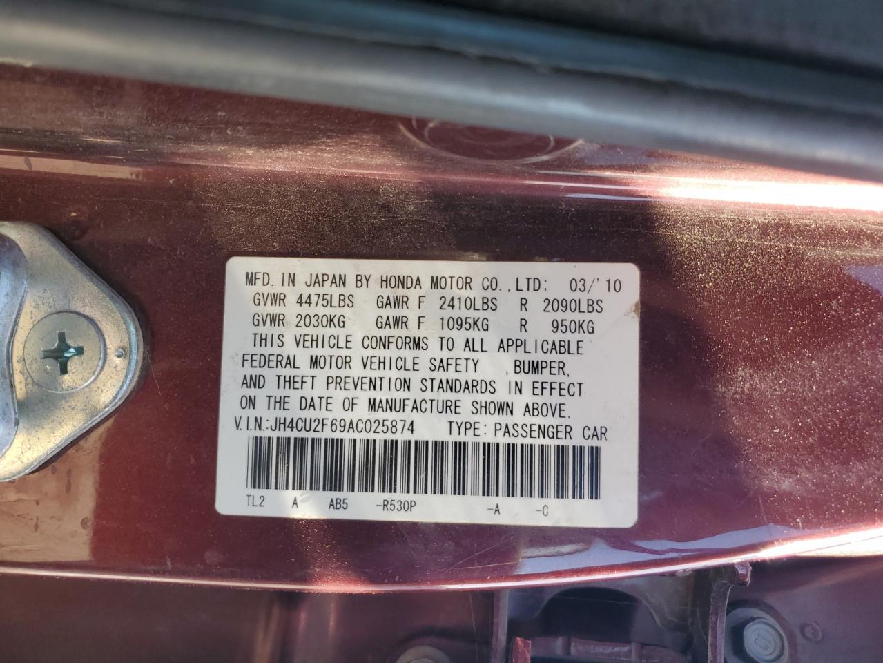 2010 Acura Tsx VIN: JH4CU2F69AC025874 Lot: 57138305