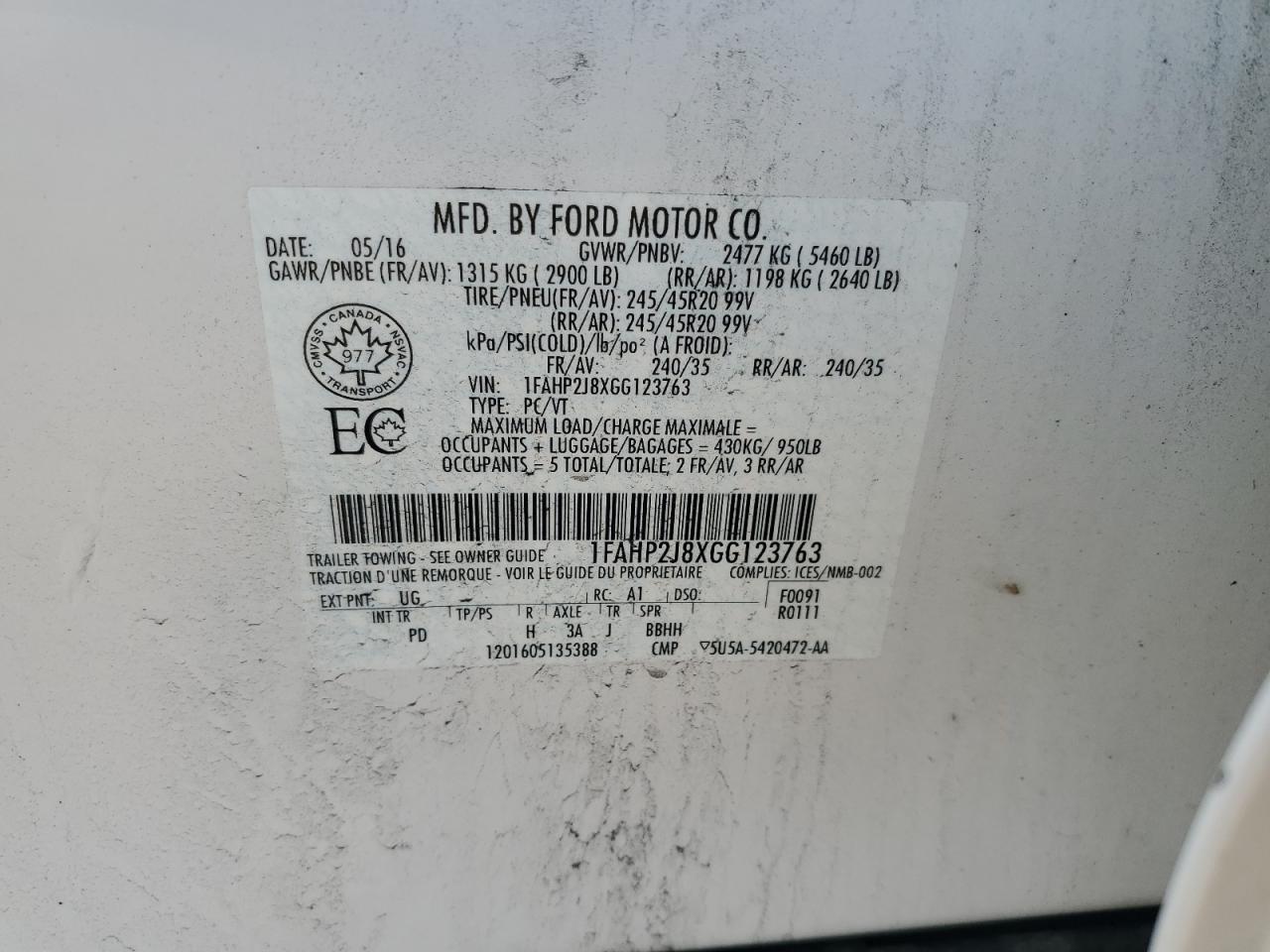 2016 Ford Taurus Limited VIN: 1FAHP2J8XGG123763 Lot: 56010105