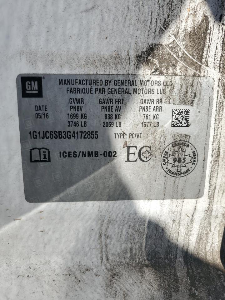 2016 Chevrolet Sonic Lt VIN: 1G1JC6SB3G4172855 Lot: 58403245