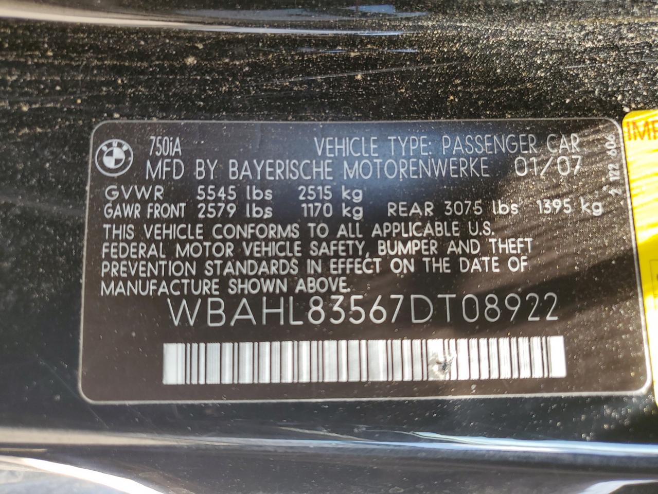2007 BMW 750 I VIN: WBAHL83567DT08922 Lot: 56196245