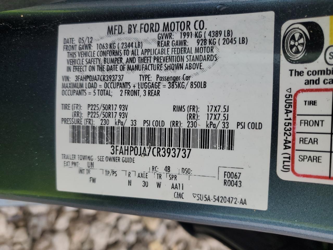 2012 Ford Fusion Sel VIN: 3FAHP0JA7CR393737 Lot: 70637405