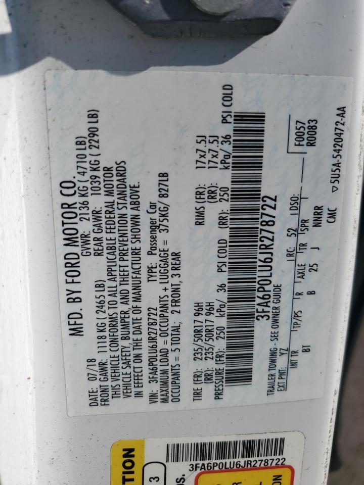 2018 Ford Fusion Se Hybrid VIN: 3FA6P0LU6JR278722 Lot: 54035905