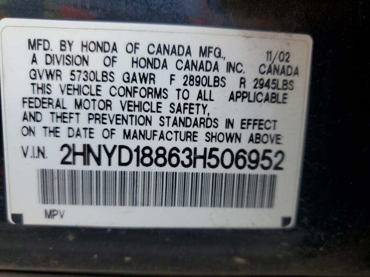 2003 Acura Mdx Touring VIN: 2HNYD18863H506952 Lot: 56922895