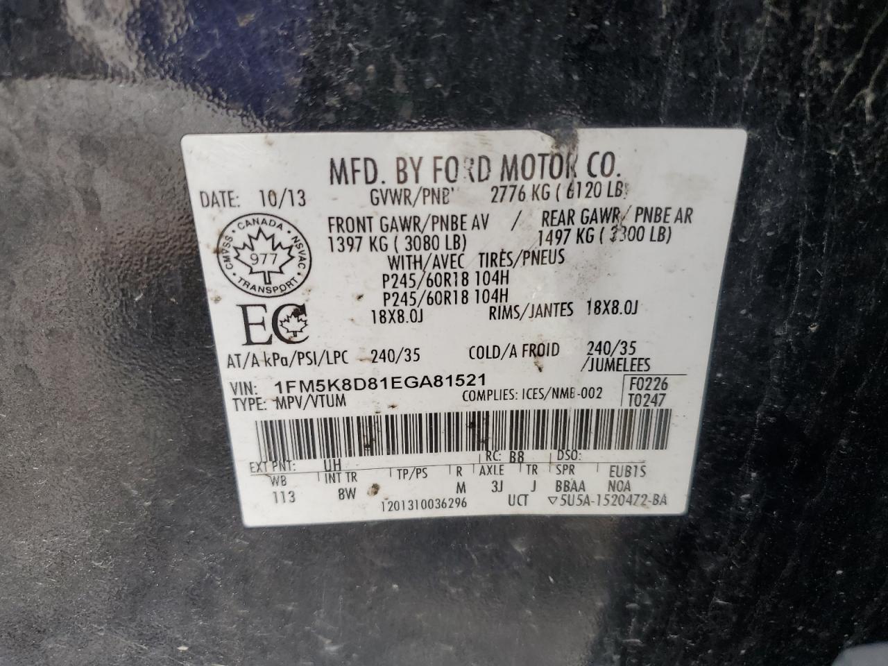 2014 Ford Explorer Xlt VIN: 1FM5K8D81EGA81521 Lot: 58074065