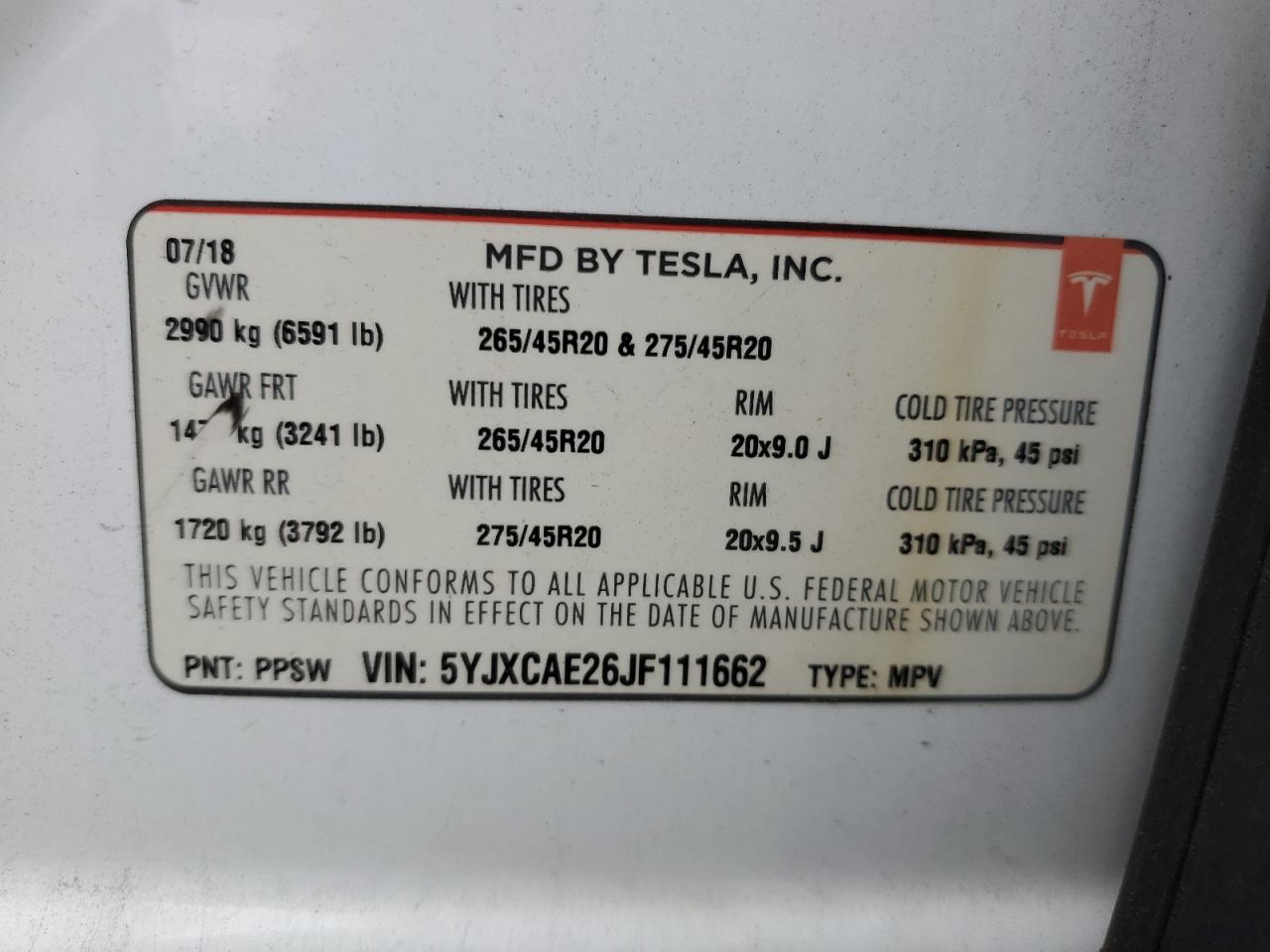 2018 Tesla Model X VIN: 5YJXCAE26JF111662 Lot: 54129765