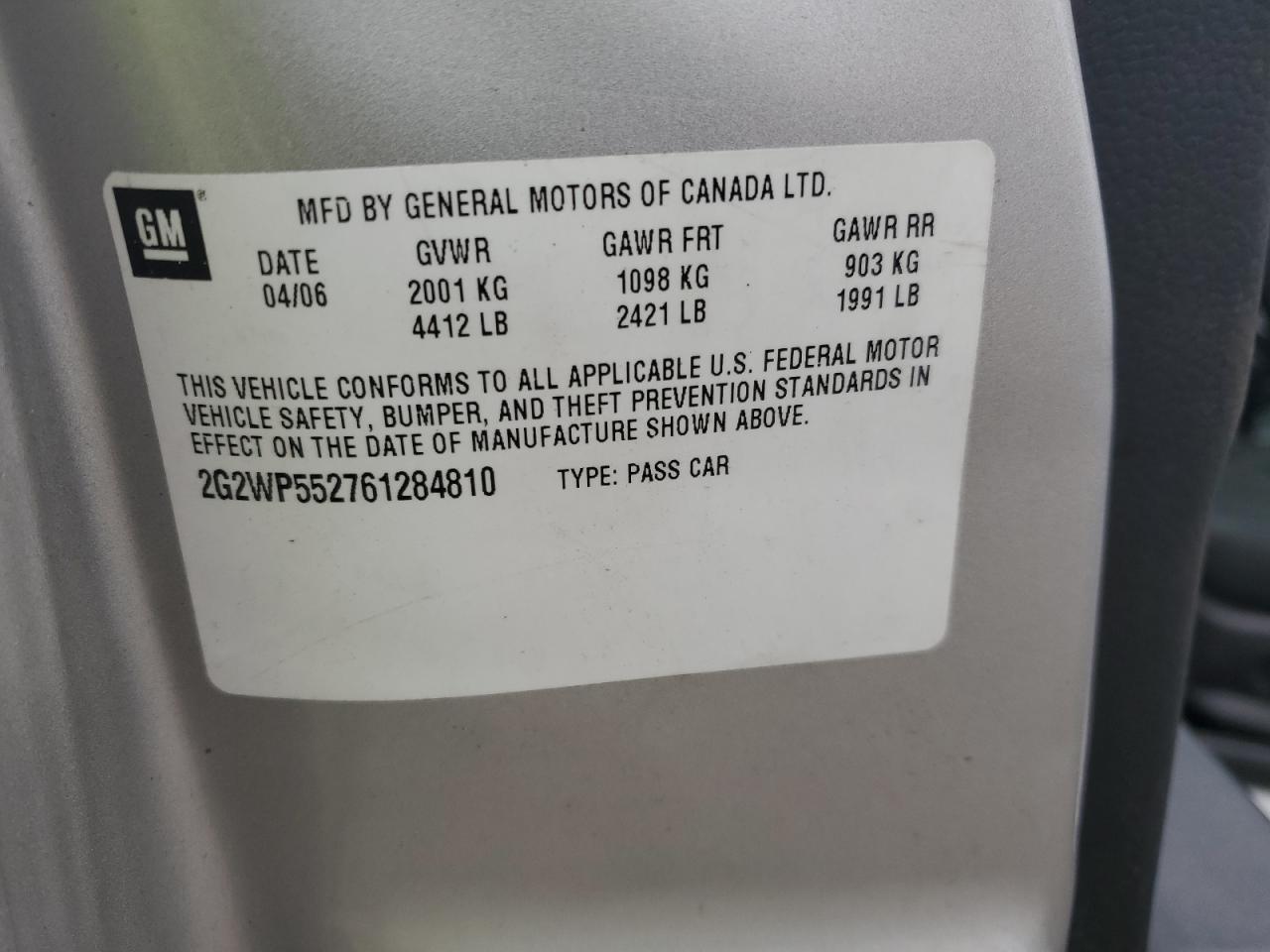 2006 Pontiac Grand Prix VIN: 2G2WP552761284810 Lot: 55268875
