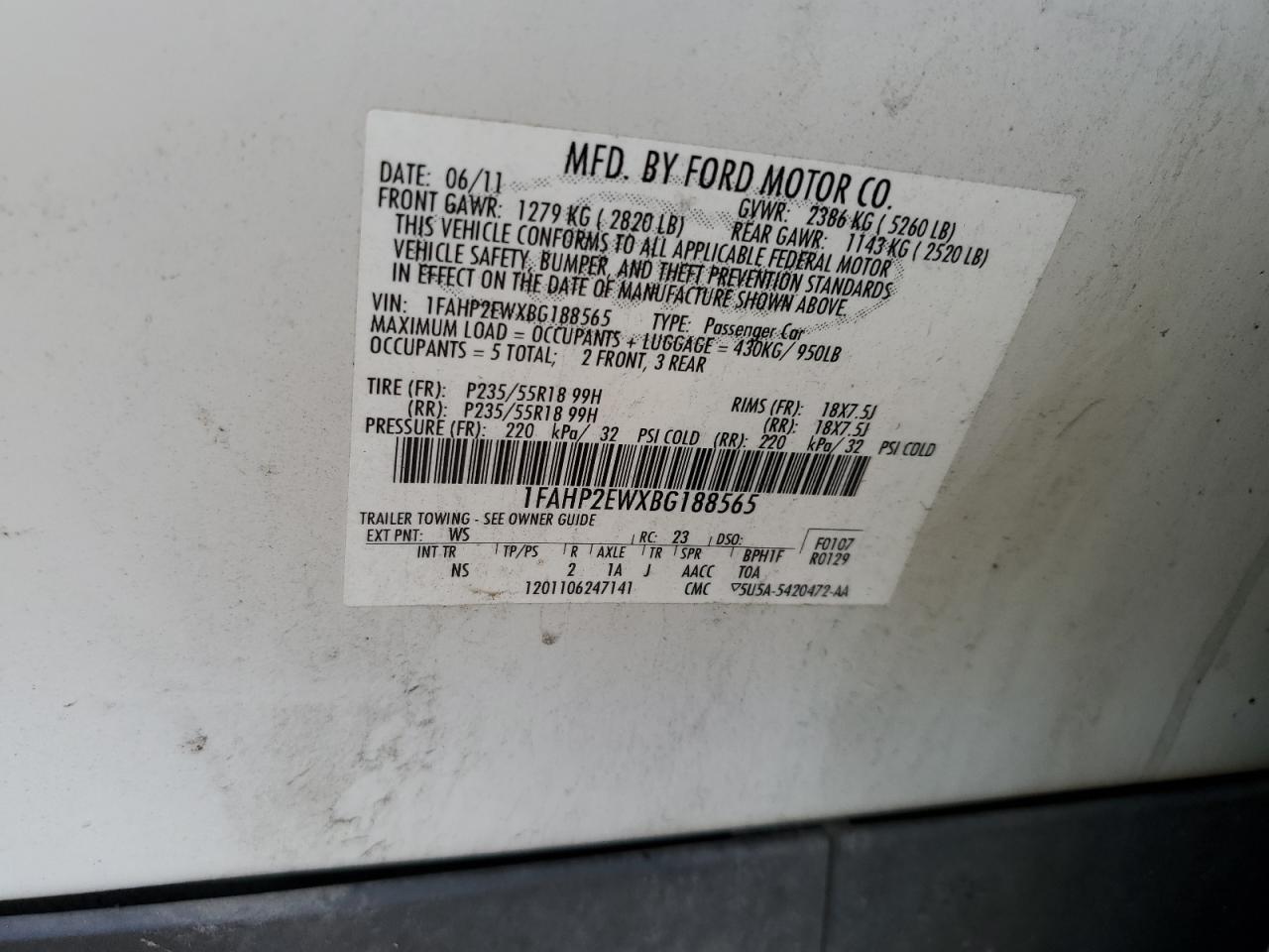 2011 Ford Taurus Sel VIN: 1FAHP2EWXBG188565 Lot: 56322695