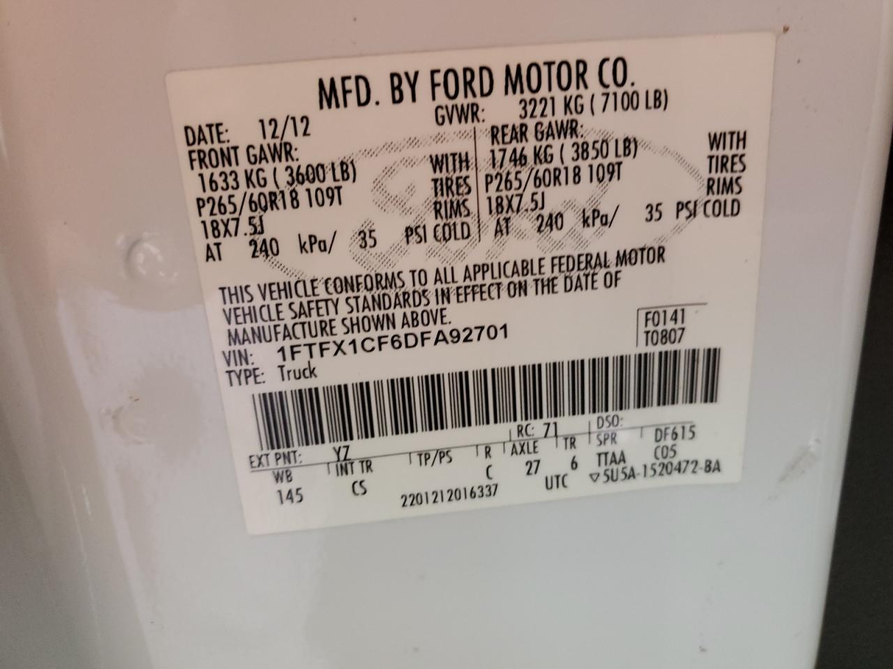 2013 Ford F150 Super Cab VIN: 1FTFX1CF6DFA92701 Lot: 57144285