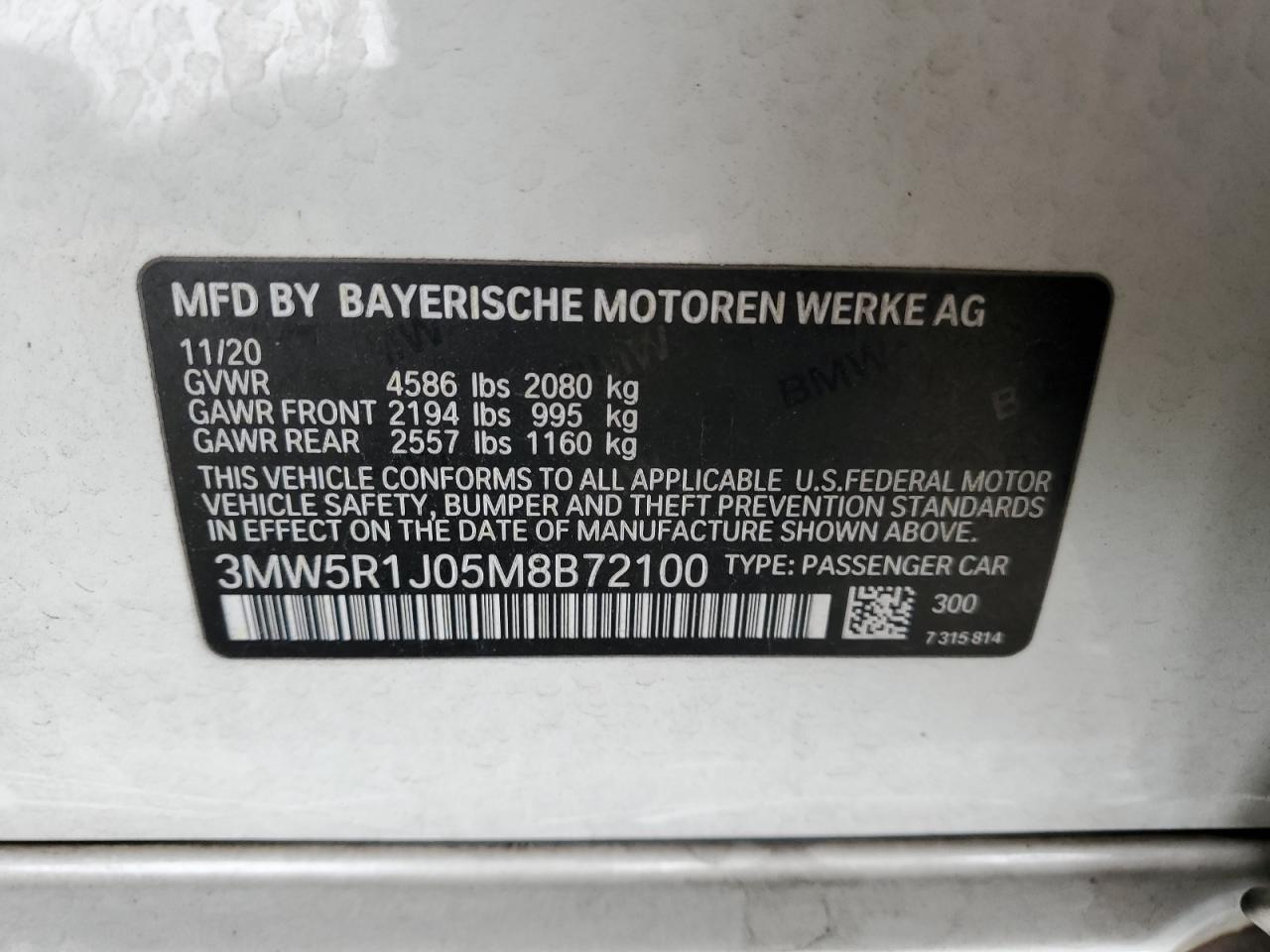 2021 BMW 330I VIN: 3MW5R1J05M8B72100 Lot: 54624525