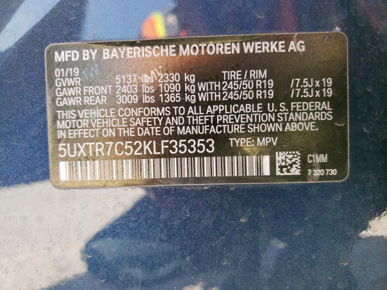2019 BMW X3 Sdrive30I VIN: 5UXTR7C52KLF35353 Lot: 57241225