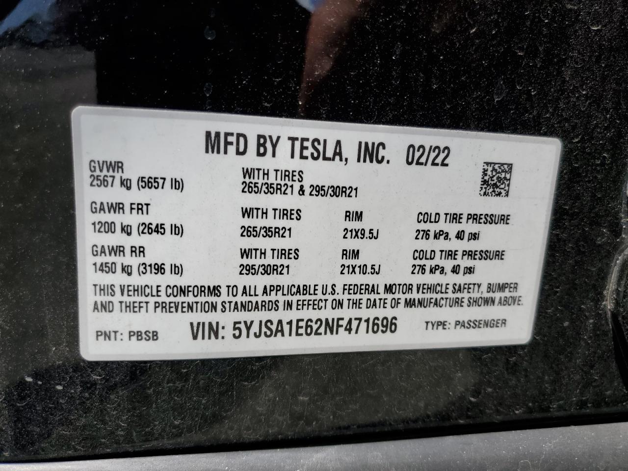 2022 Tesla Model S VIN: 5YJSA1E62NF471696 Lot: 56249555
