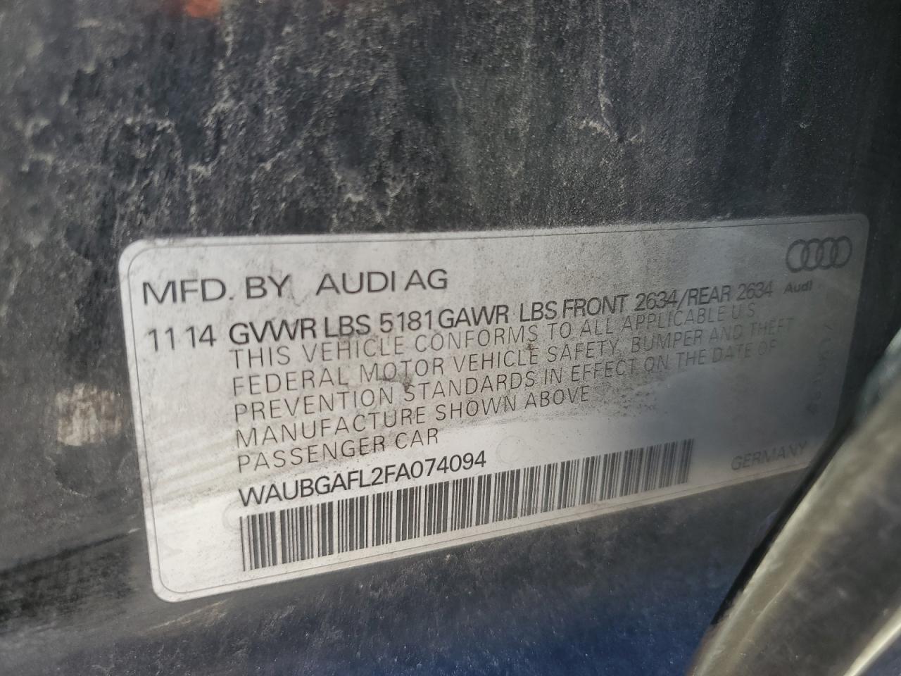 2015 Audi S4 Premium Plus VIN: WAUBGAFL2FA074094 Lot: 55063225