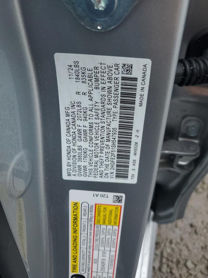 2025 Honda Civic Sport VIN: 2HGFE2F51SH547935 Lot: 80257665