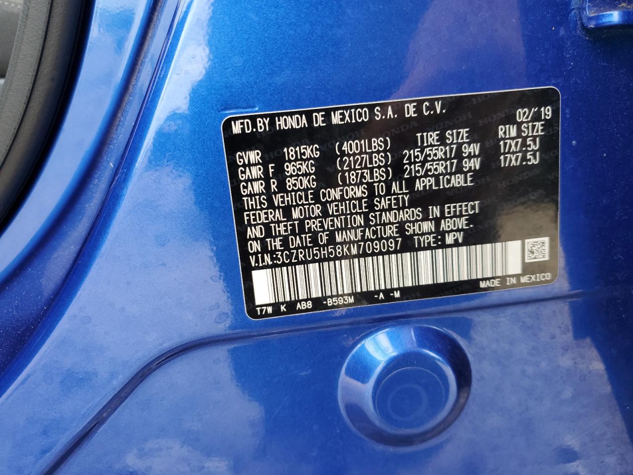 2019 Honda Hr-V Ex VIN: 3CZRU5H58KM709097 Lot: 56590455