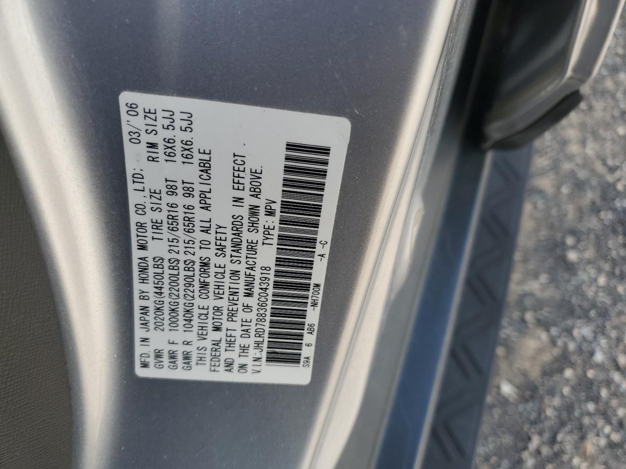 2006 Honda Cr-V Ex VIN: JHLRD78836C043918 Lot: 56557035