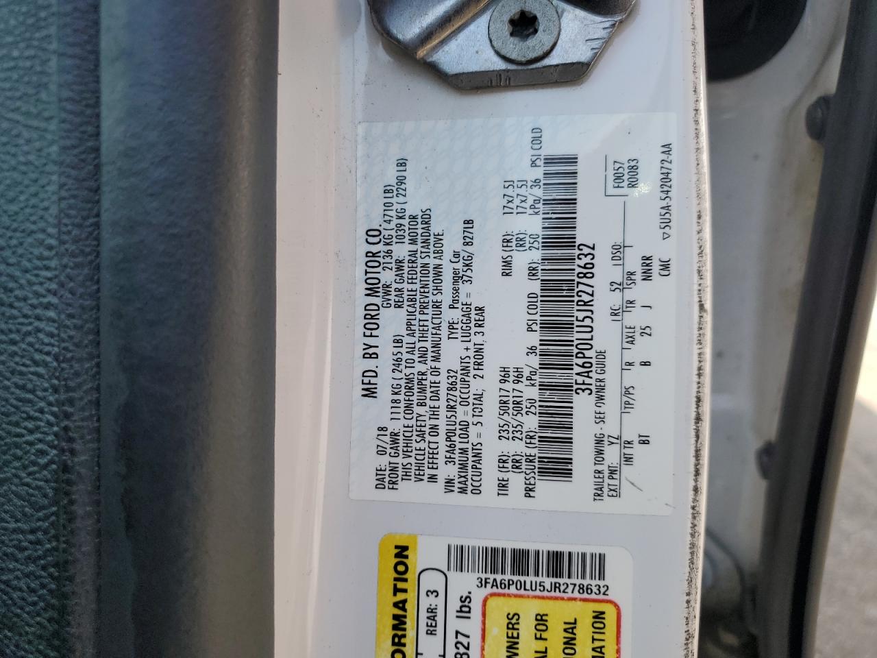 2018 Ford Fusion Se Hybrid VIN: 3FA6P0LU5JR278632 Lot: 54042505