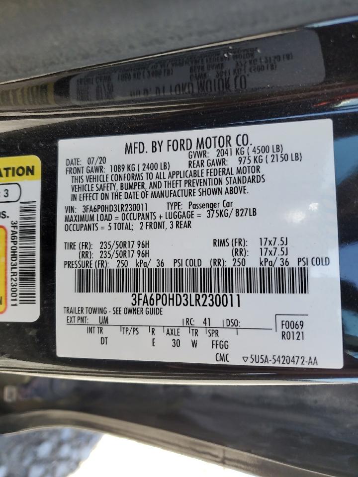 2020 Ford Fusion Se VIN: 3FA6P0HD3LR230011 Lot: 57272455
