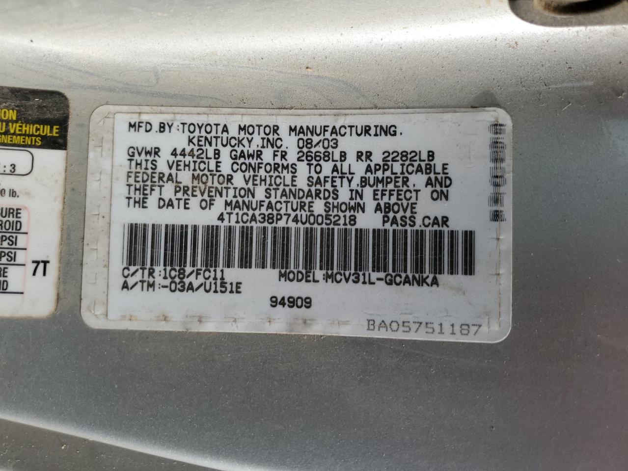 4t1ca38p74u005218 4T1CA38P74U005218 2004 Toyota Camry Solara Se