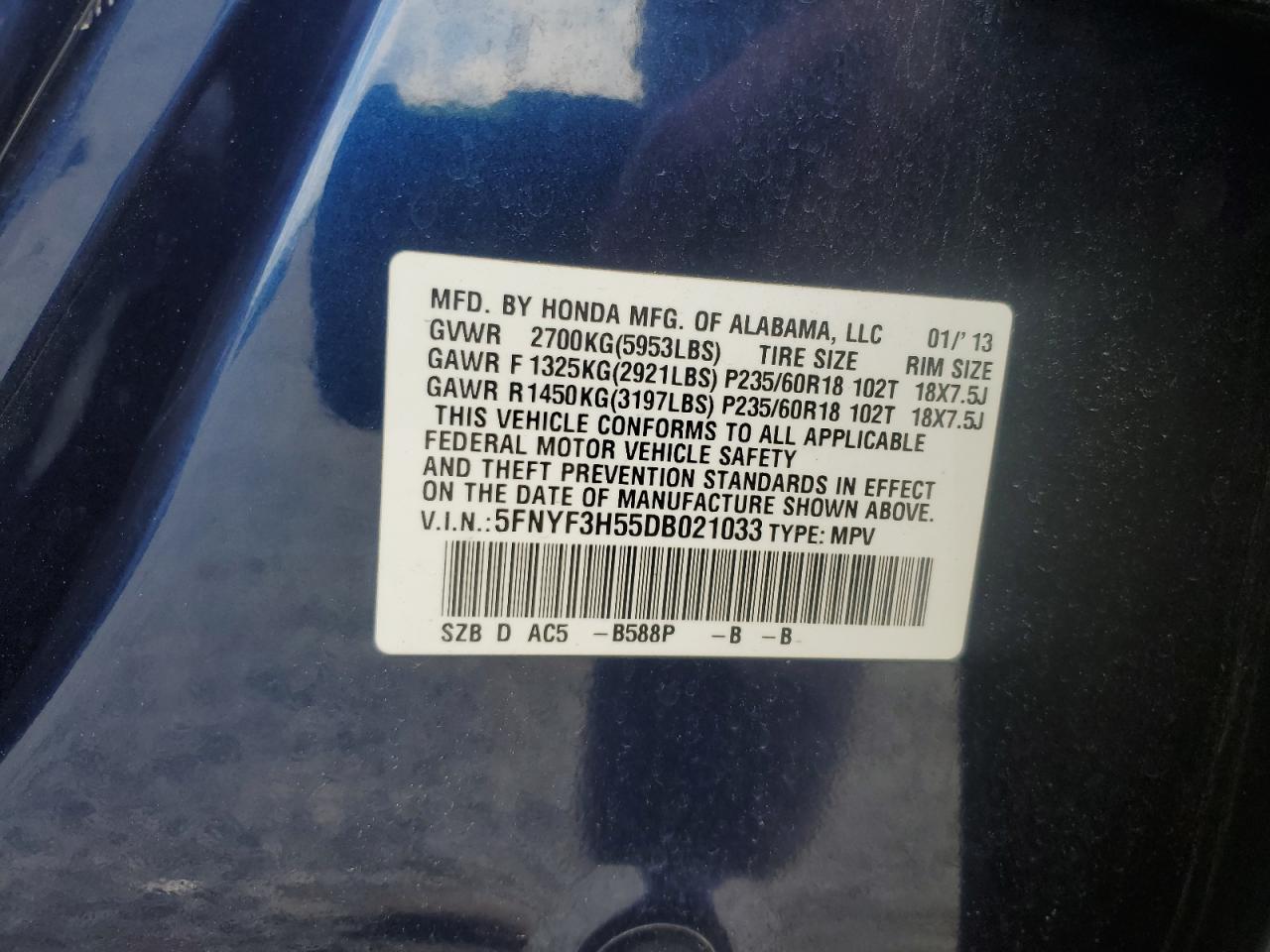 2013 Honda Pilot Exl VIN: 5FNYF3H55DB021033 Lot: 57101585