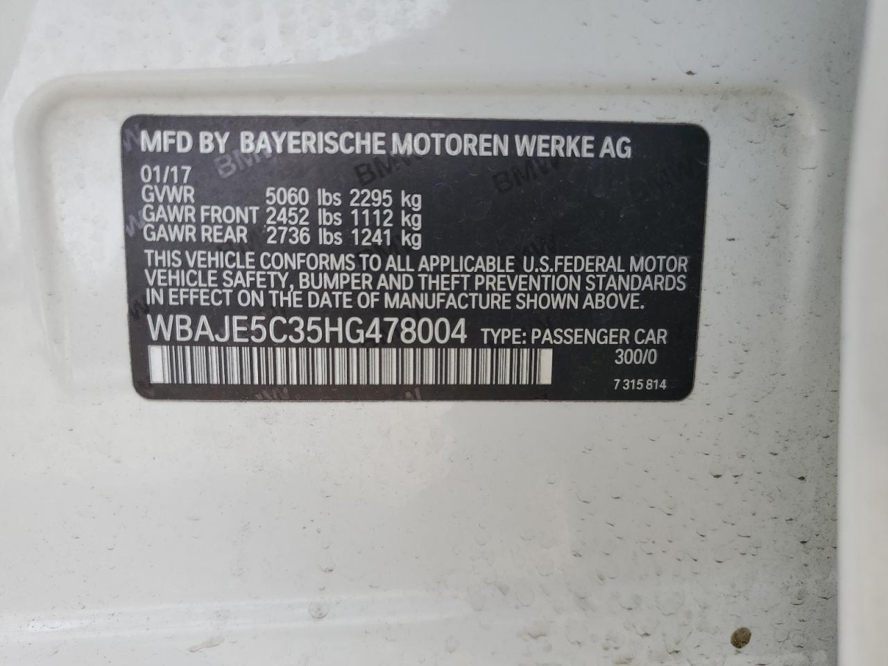 2017 BMW 540 I VIN: WBAJE5C35HG478004 Lot: 57184545