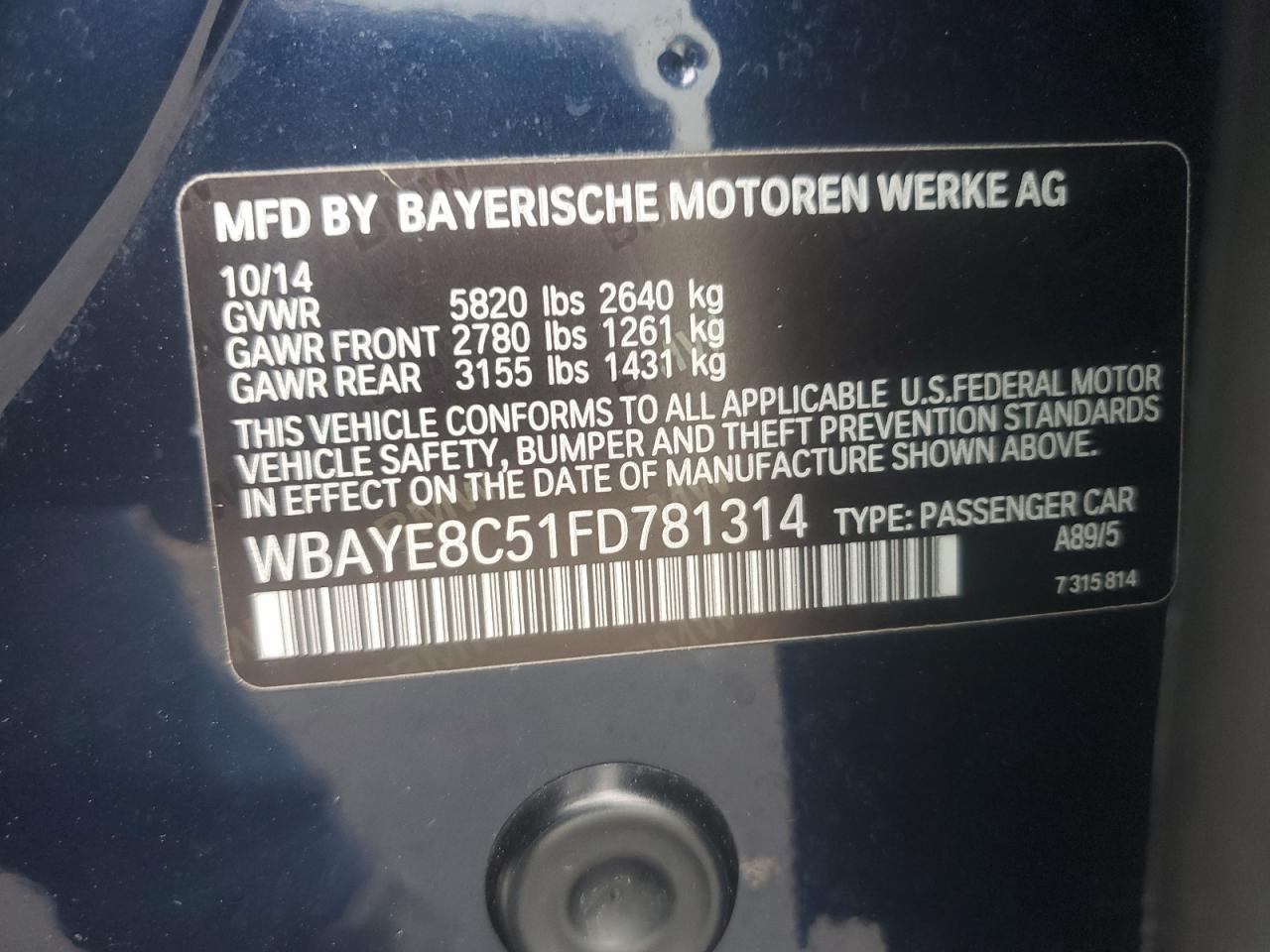 2015 BMW 750 Li VIN: WBAYE8C51FD781314 Lot: 56537395